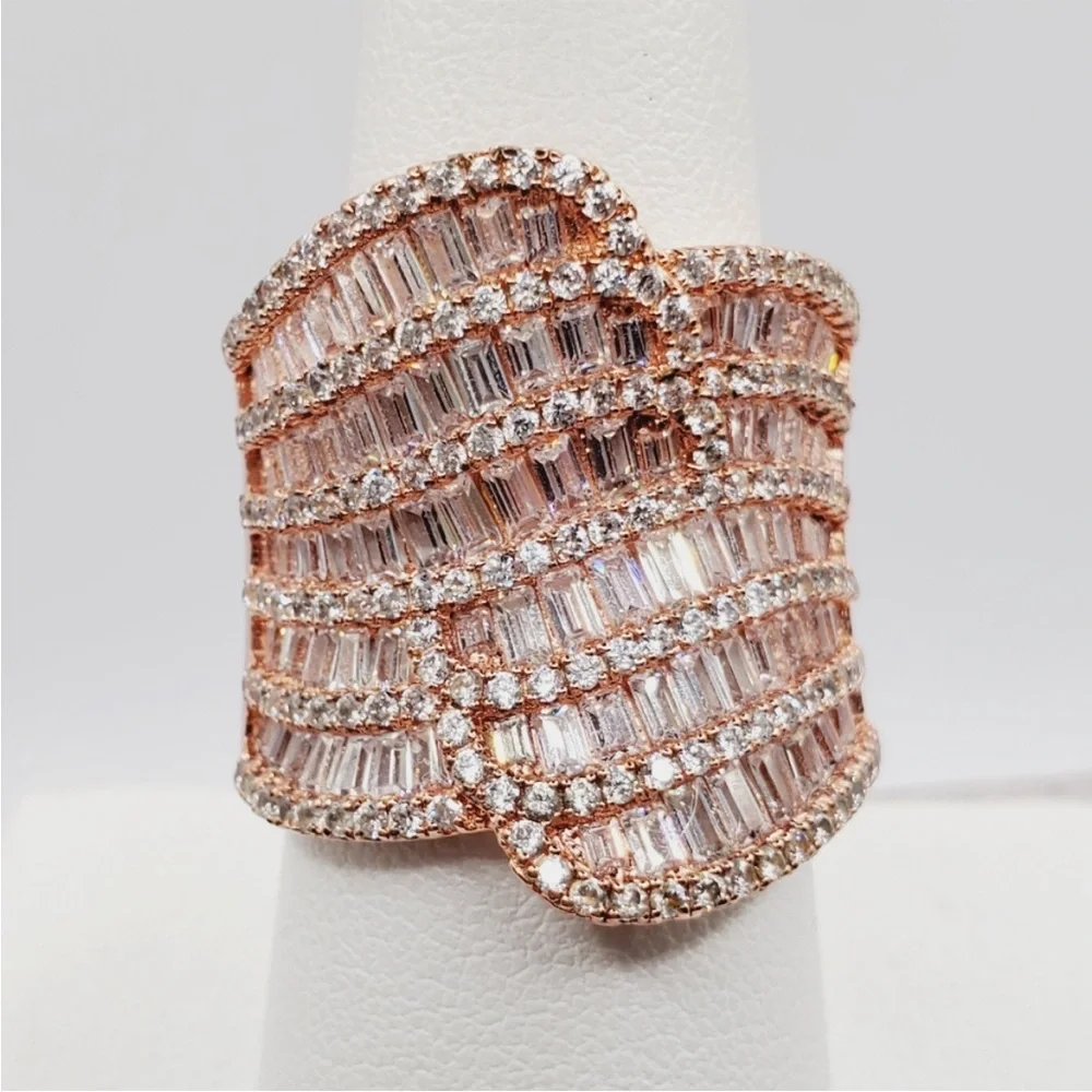 Round & Baguette White Diamond Simulants Rose Gold - 925 Sterling Silver Ring
